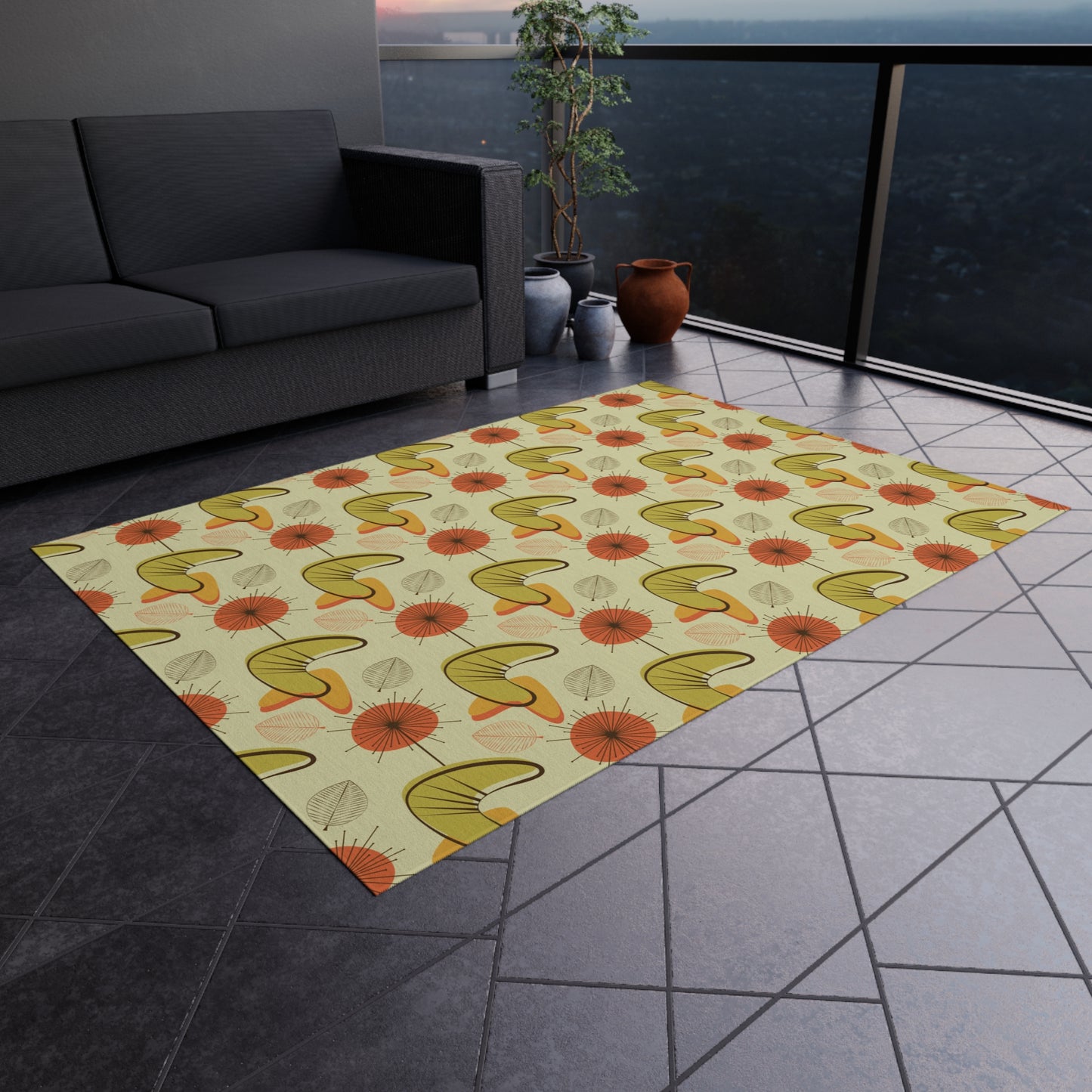 Retro 60s 70s Atomic Boomerangs & Leaves MCM Orange, Green & Yellow Anti-Slip Indoor/Outdoor Rug