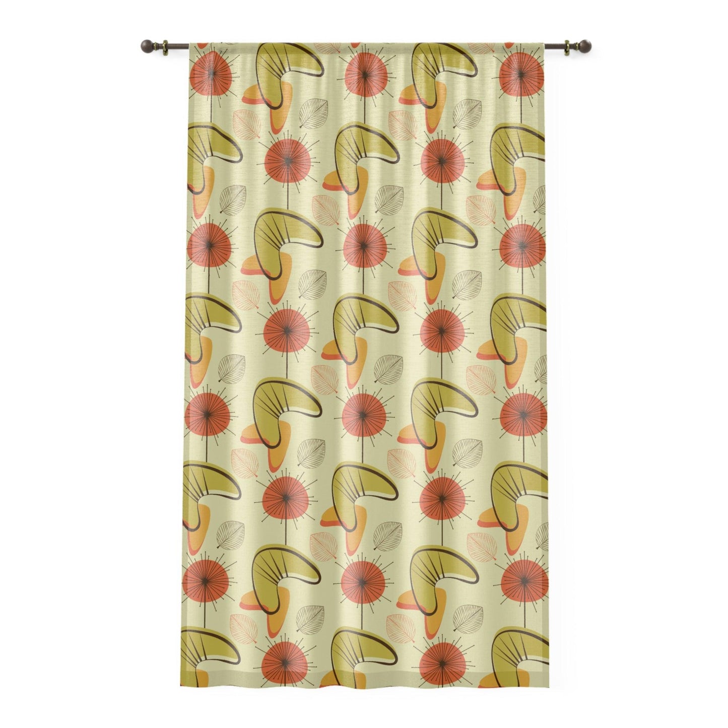 Retro Atomic Boomerangs & Leaves MCM Orange, Green & Yellow Sheer Window Curtain | lovevisionkarma.com