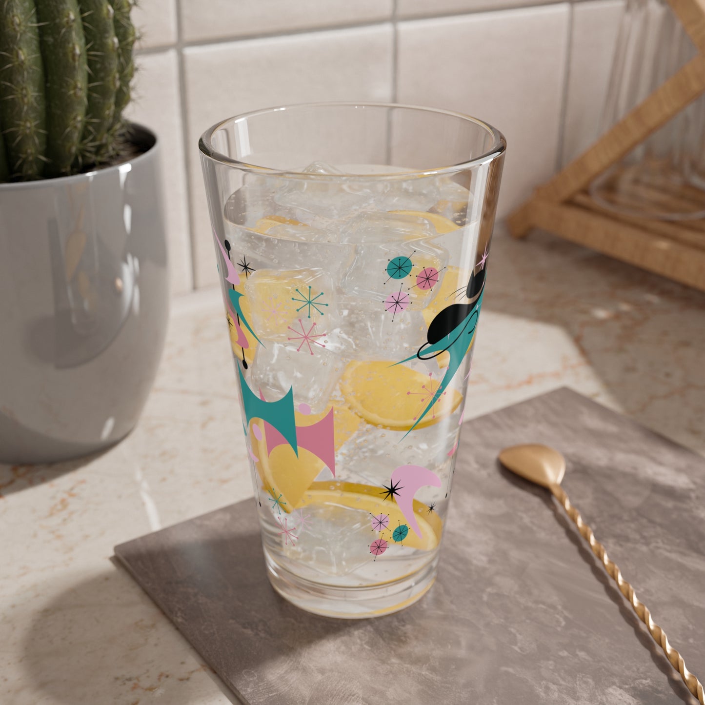 Retro 50s Atomic Black Cat, Boomerang & Starburst MCM Pink & Teal-Green 16 oz Pint Glass