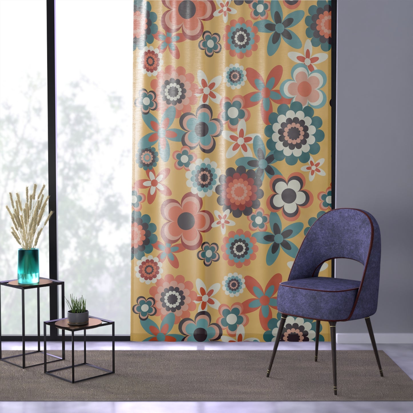 Retro 60s 70s Groovy Flowers Boho Mid Century Mod Yellow, Coral & Blue Sheer Window Curtain