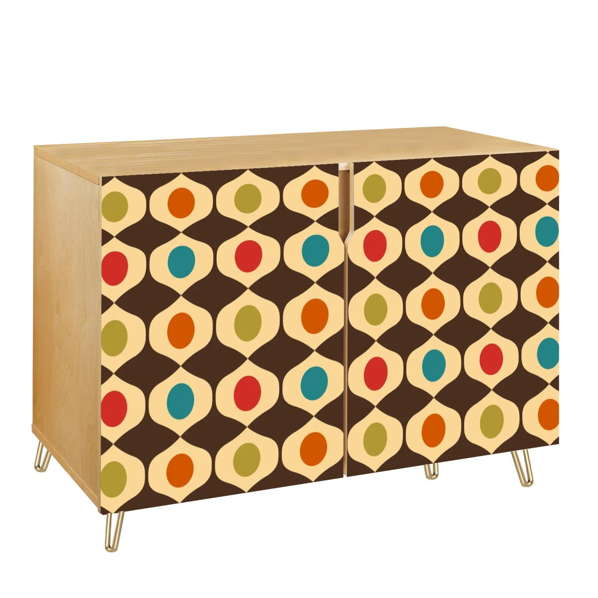 Retro 60s & 70s Geometric Mid Century Modern Mutlicolor Sideboard, Credenza, Wooden Storage Cabinet