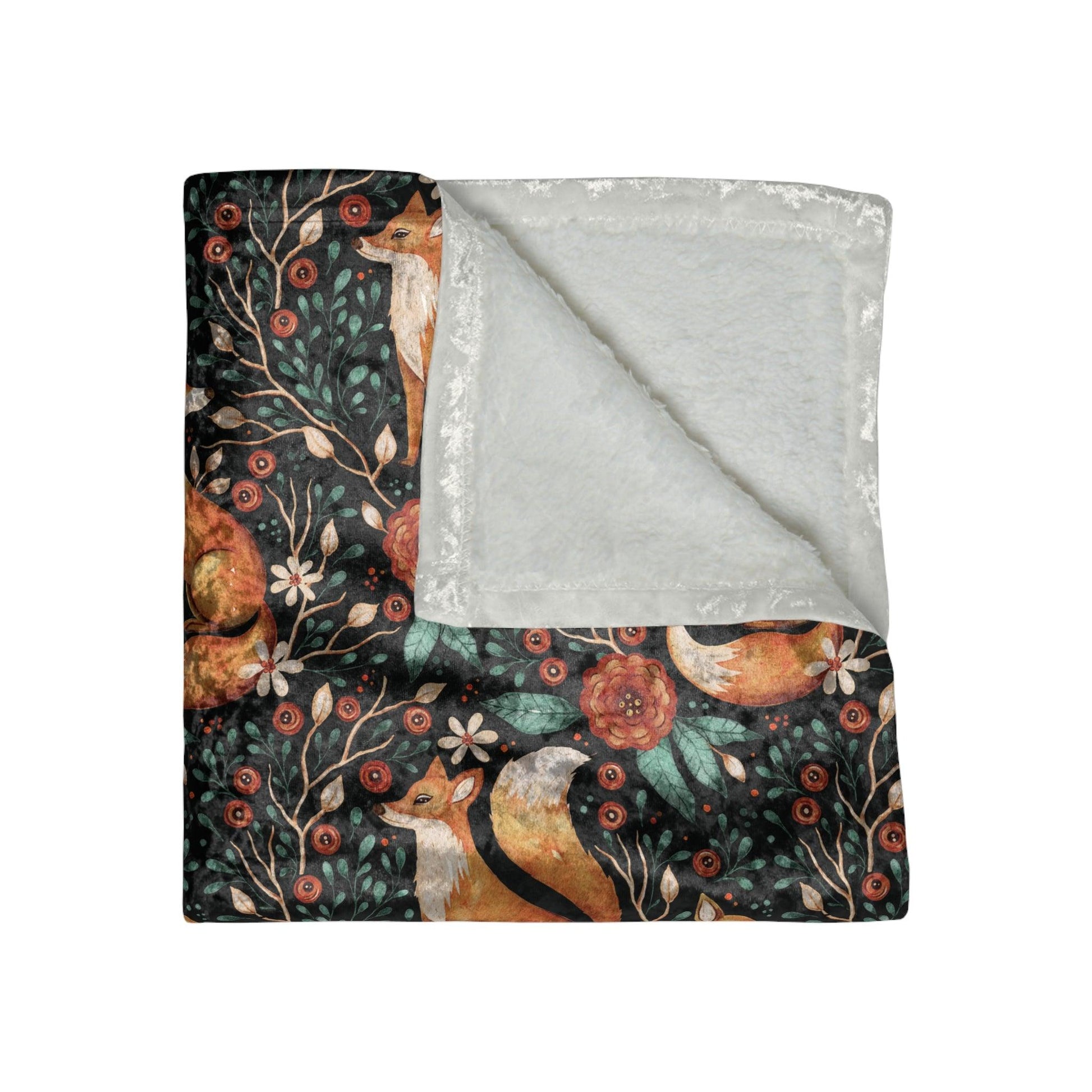 Fox Enchanted Forest Woodland Dark Cottagecore Watercolor-Style Multicolor Crushed Velvet Blanket | lovevisionkarma.com