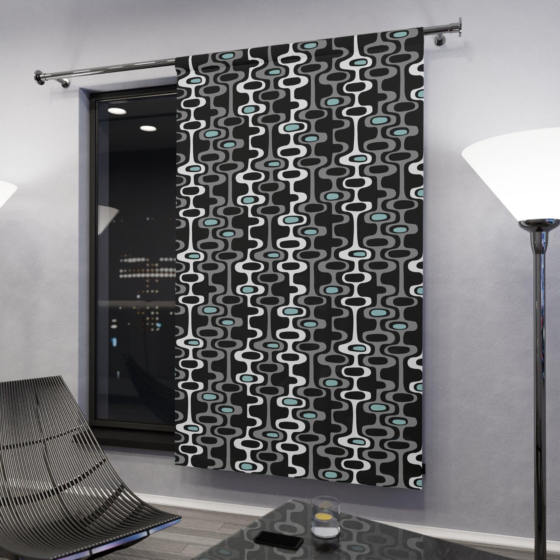 Retro Mid Century Mod Black, Gray & Blue Blackout Window Curtain | lovevisionkarma.com