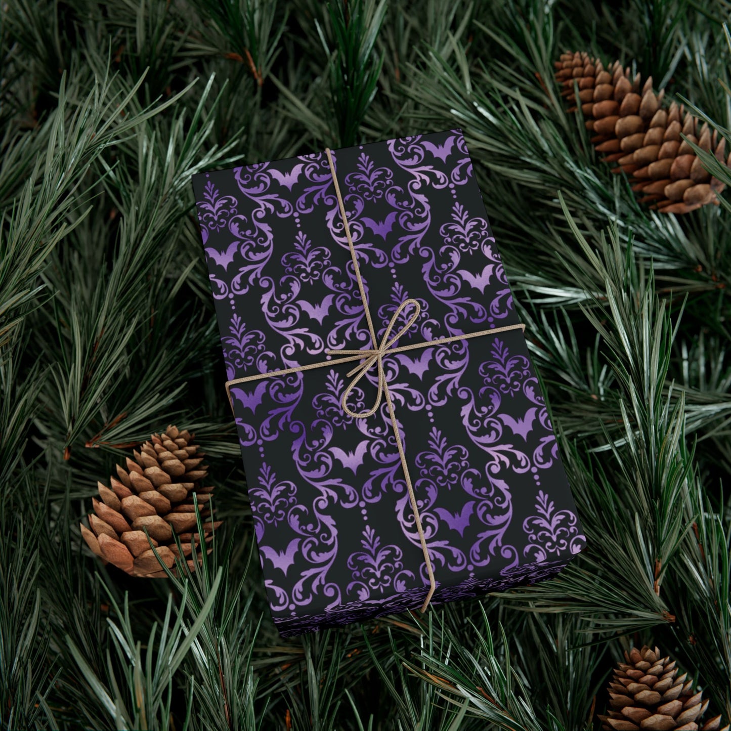 Purple Damask Bats, Victorian Goth Inspired, Dark Academia Goth Christmas & Creepmas Glam Goth Black Gift Wrap Paper