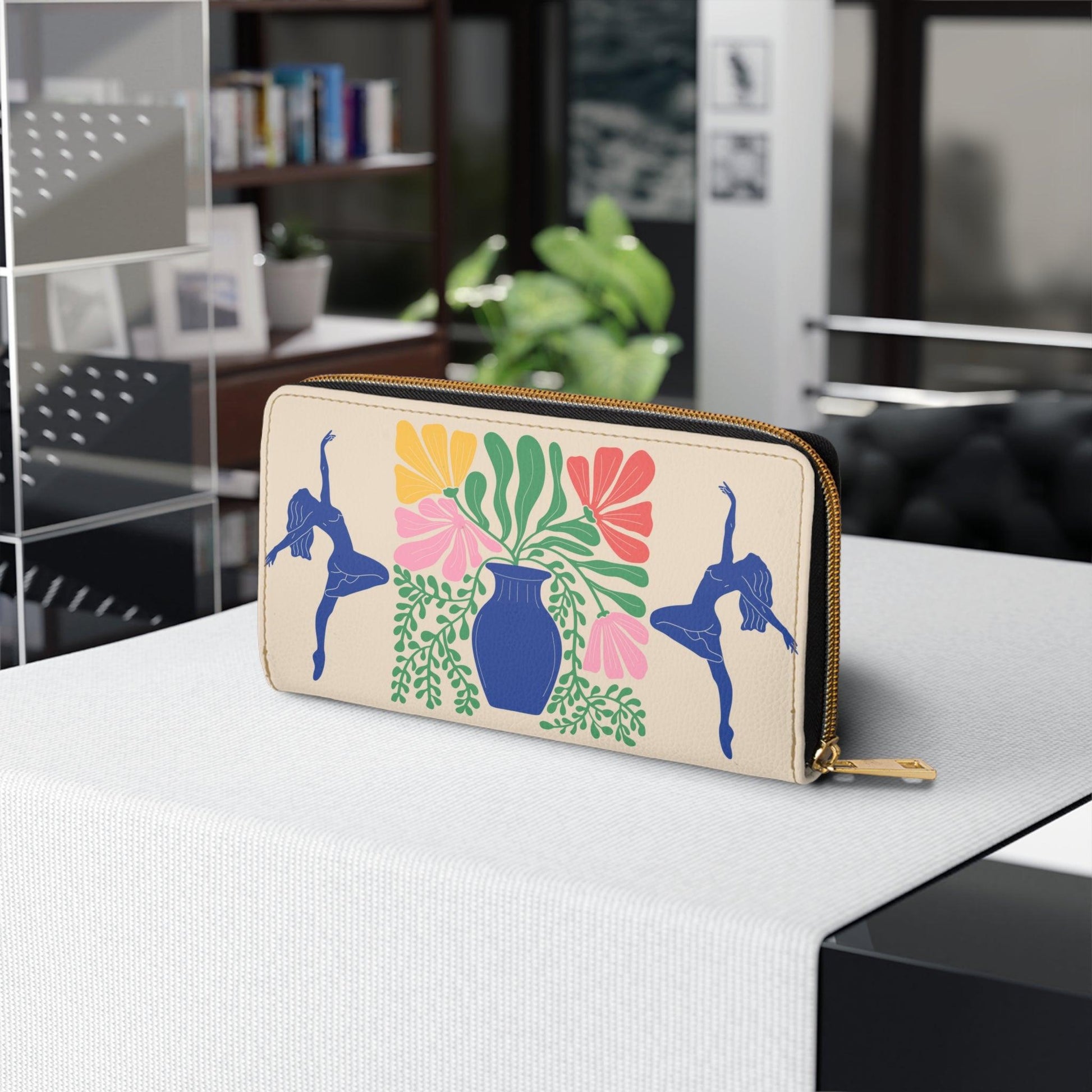 Retro Dancing Women Silhouette & Abstract Florals Matisse Inspired Multicolor Zipper Wallet | lovevisionkarma.com