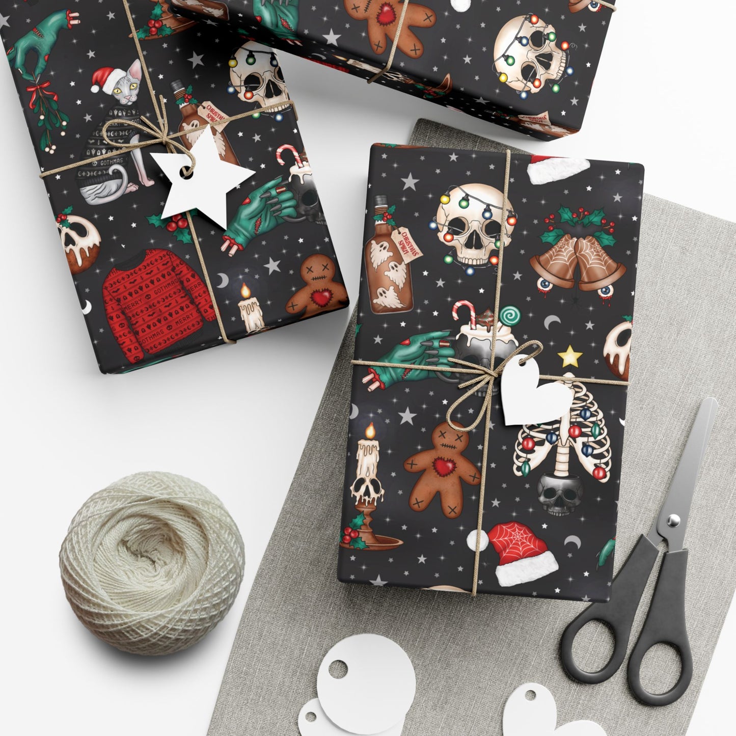 Kitschy Kawaii Goth Christmas, Creepy Cute Whimsigoth Creepmas Black Eco-Friendly Gift Wrap Paper