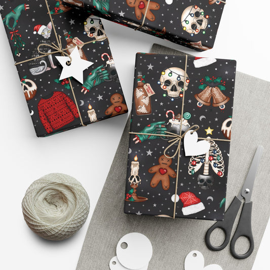 Kitschy Kawaii Goth Christmas, Creepy Cute Whimsigoth Creepmas Black Eco-Friendly Gift Wrap Paper