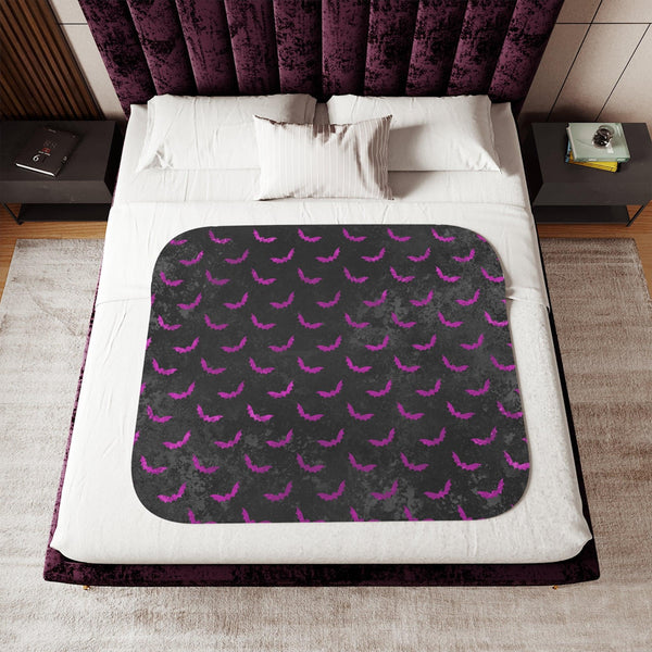 Purple Bats, Distressed Black Halloween Sherpa Blanket