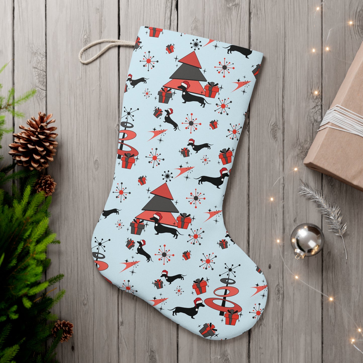 Retro 50's Atomic Dachshund Wiener Dog Mid Century Mod Light Blue Christmas Stocking