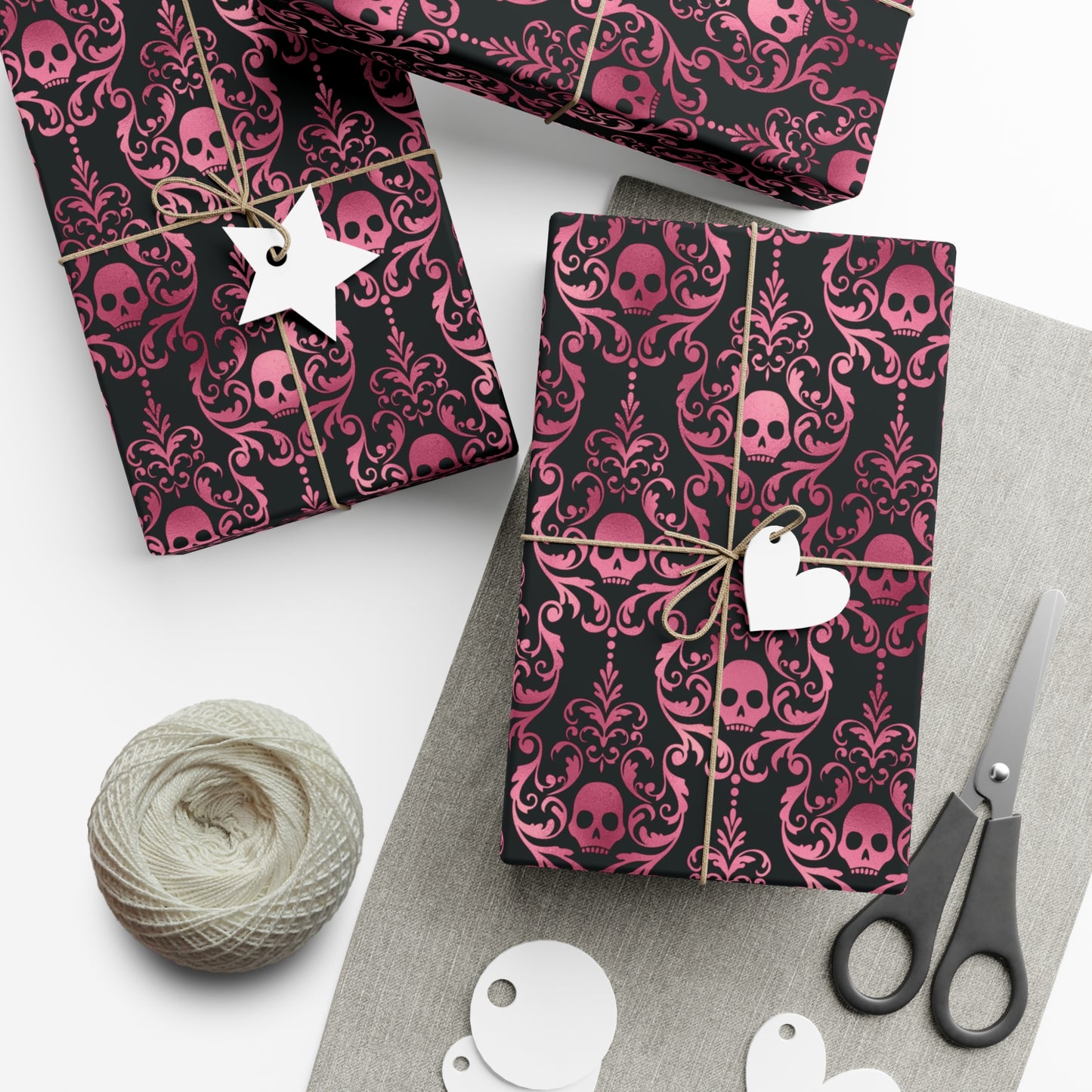 Pink Damask Skulls, Victorian Goth, Dark Academia, Goth Christmas & Creepmas Glam Black Eco-Friendly Gift Wrap Paper