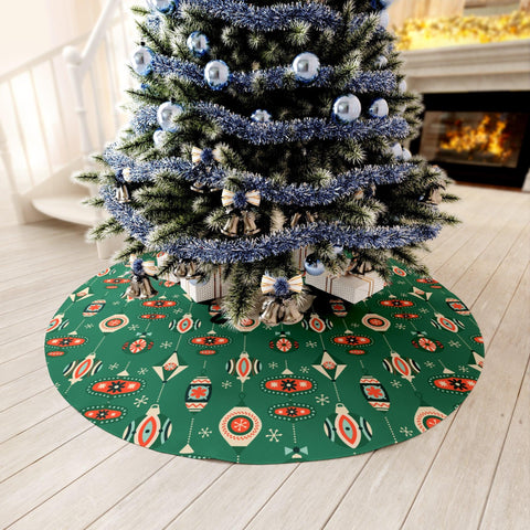 Retro 50s Mid Century Modern Baubles and Ornaments Green Christmas Tree Skirt | lovevisionkarma.com