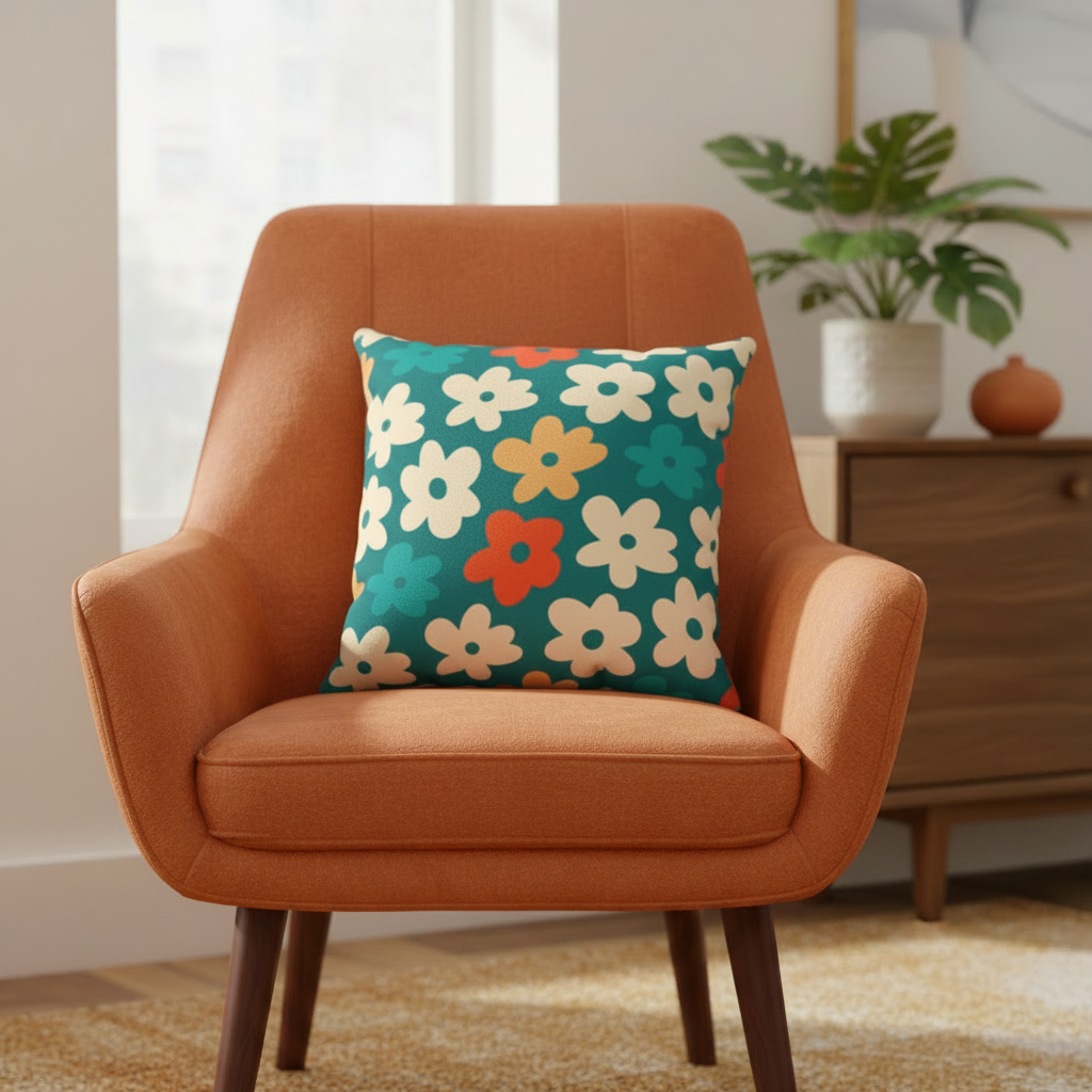 Orange armchair with a retro mcm floral pillow in a living room setting