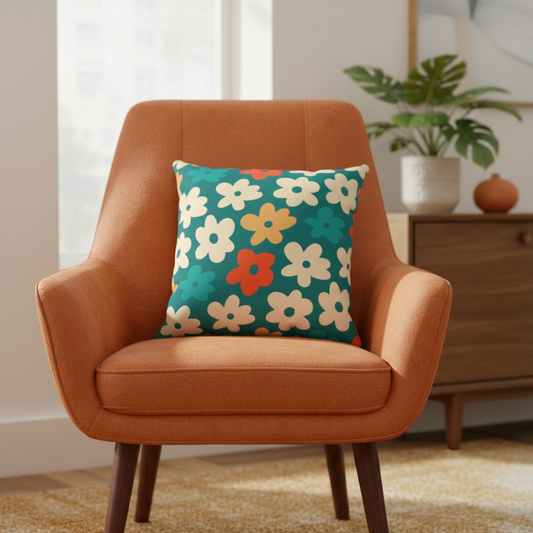 Orange armchair with a retro mcm floral pillow in a living room setting