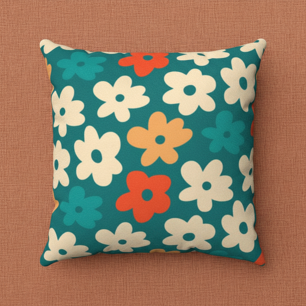 Retro mcm floral patterned pillow with colorful flowers on a brown background