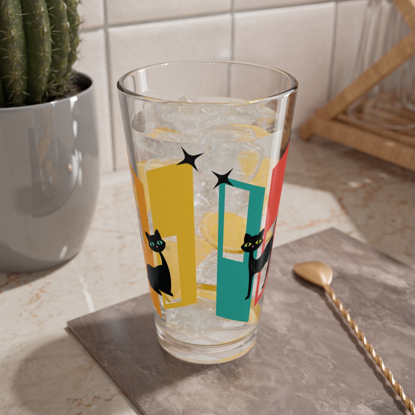 Retro 50s 60s Atomic Black Cats Mid Century Modern Multicolor Pint Glass