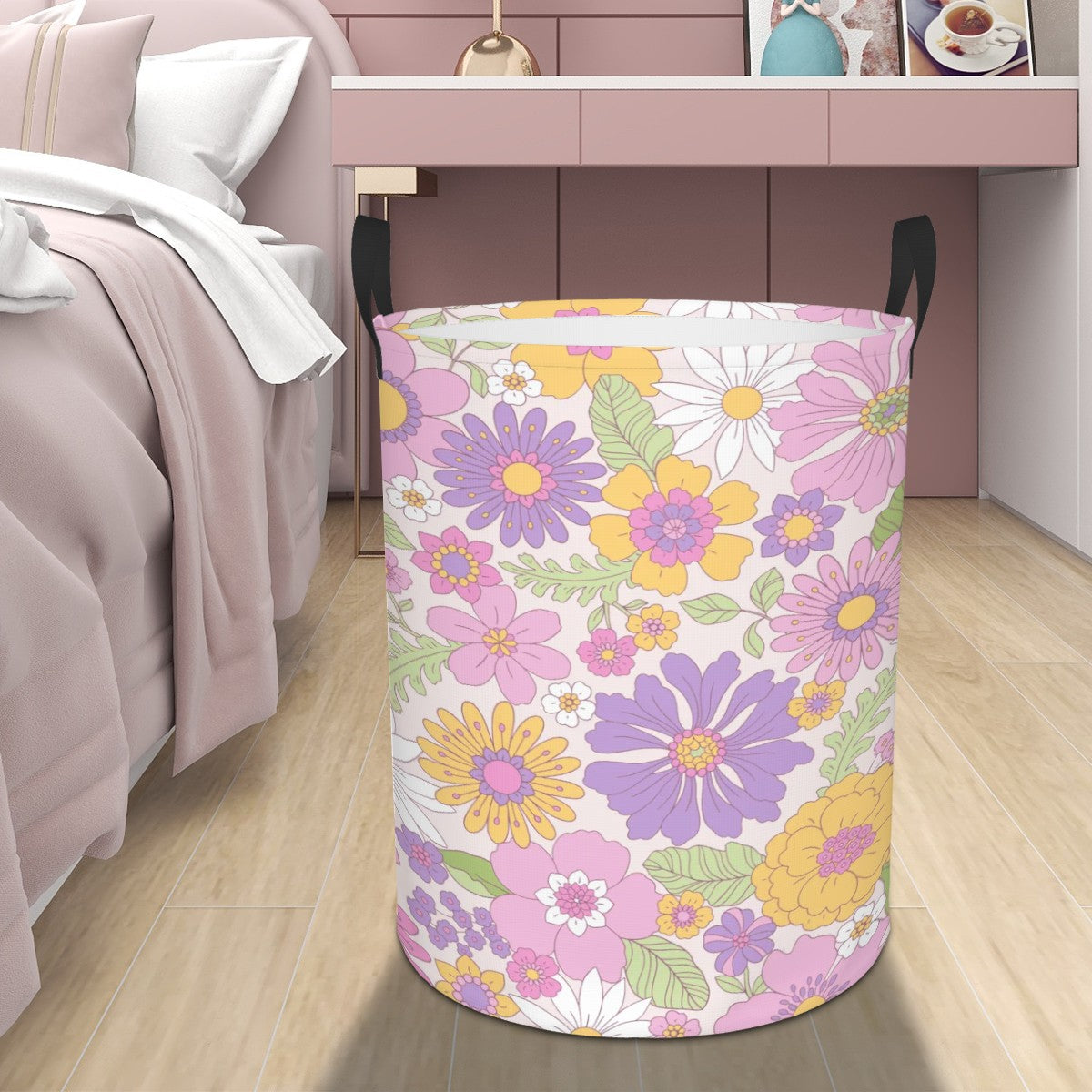 Retro 60s 70s Groovy Boho Flowers Pink, Yellow & Purple Mid Century Mod Round Laundry Hamper