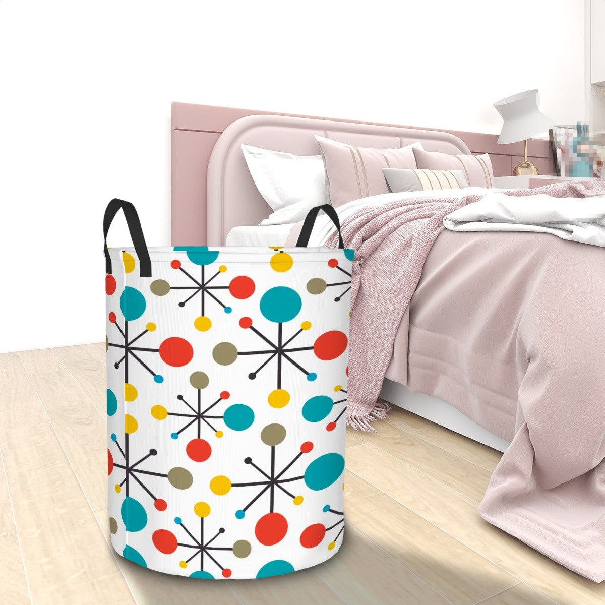Retro 50s Atomic Burst Mid Century Mod Colorful  Round Laundry Hamper