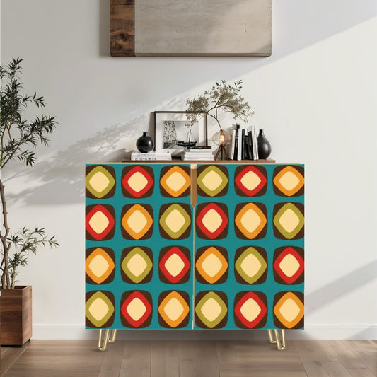 Retro 60s, 70s Mod Squares Multicolor Mid Century Modern Sideboard, Credenza, Wooden Storage Cabinet