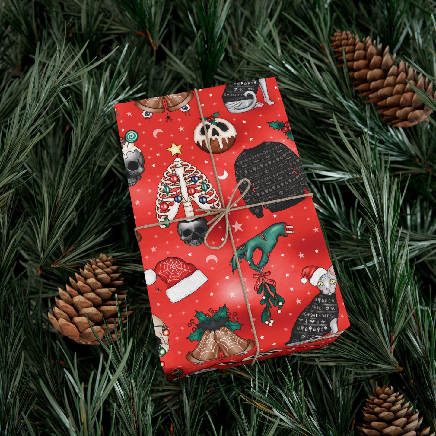 Goth Christmas Kitsch Skulls, Cats & Zombie Hands Red Eco-Friendly Gift Wrap Paper