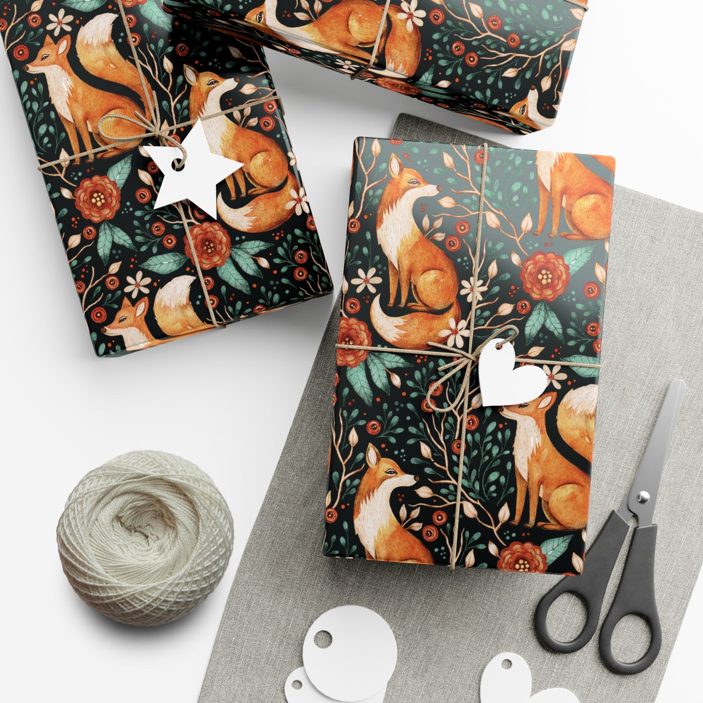 Enchanted Woodland Fox, Dark Cottagecore Watercolor Style Black Eco-Friendly Gift Wrap