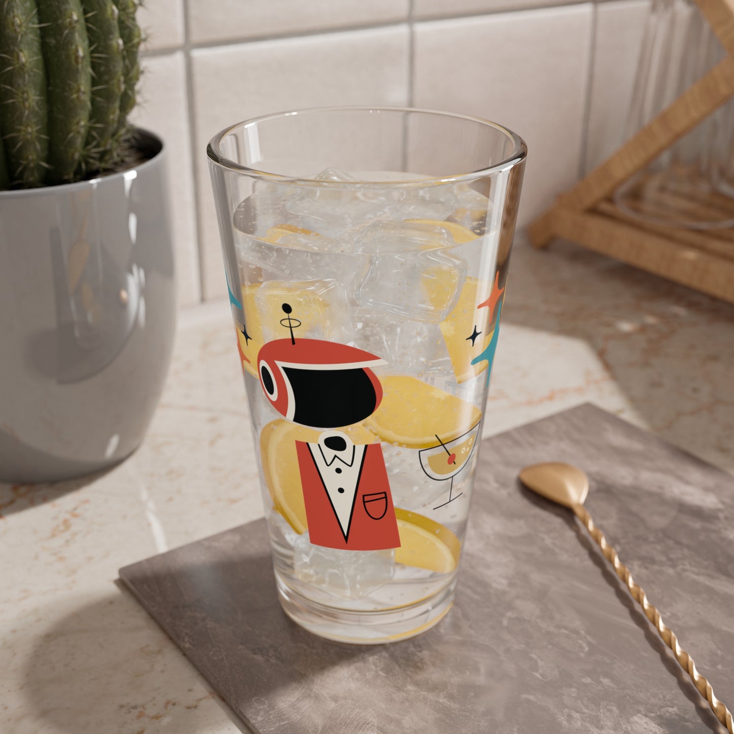 Retro 50s Atomic Age Space Man Mid Century Mod Multicolor Pint Glass