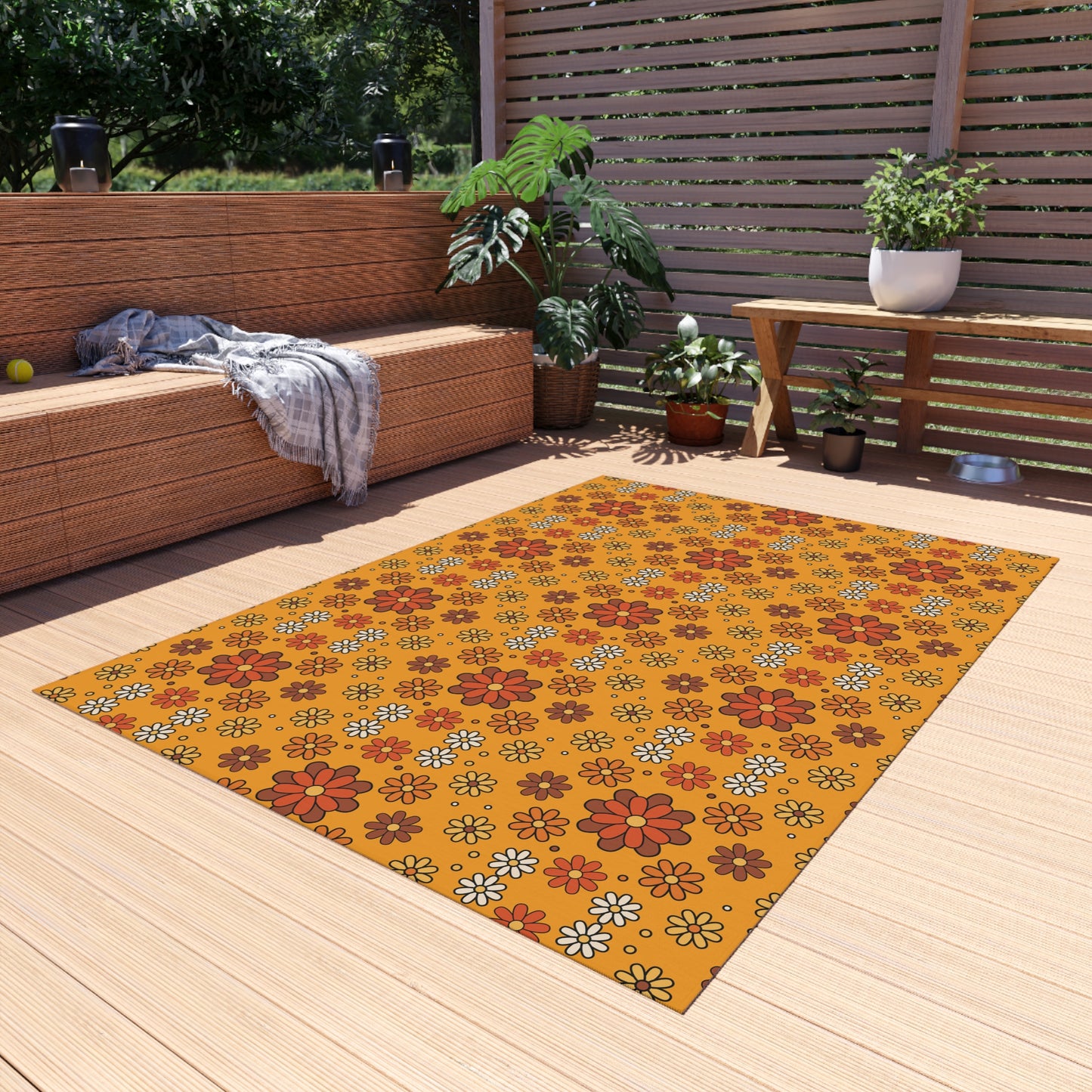 Retro 60s 70s Groovy Mod Daisy, Floral Mid Century Orange & Brown Anti-Slip Indoor/Outdoor Accent Rug