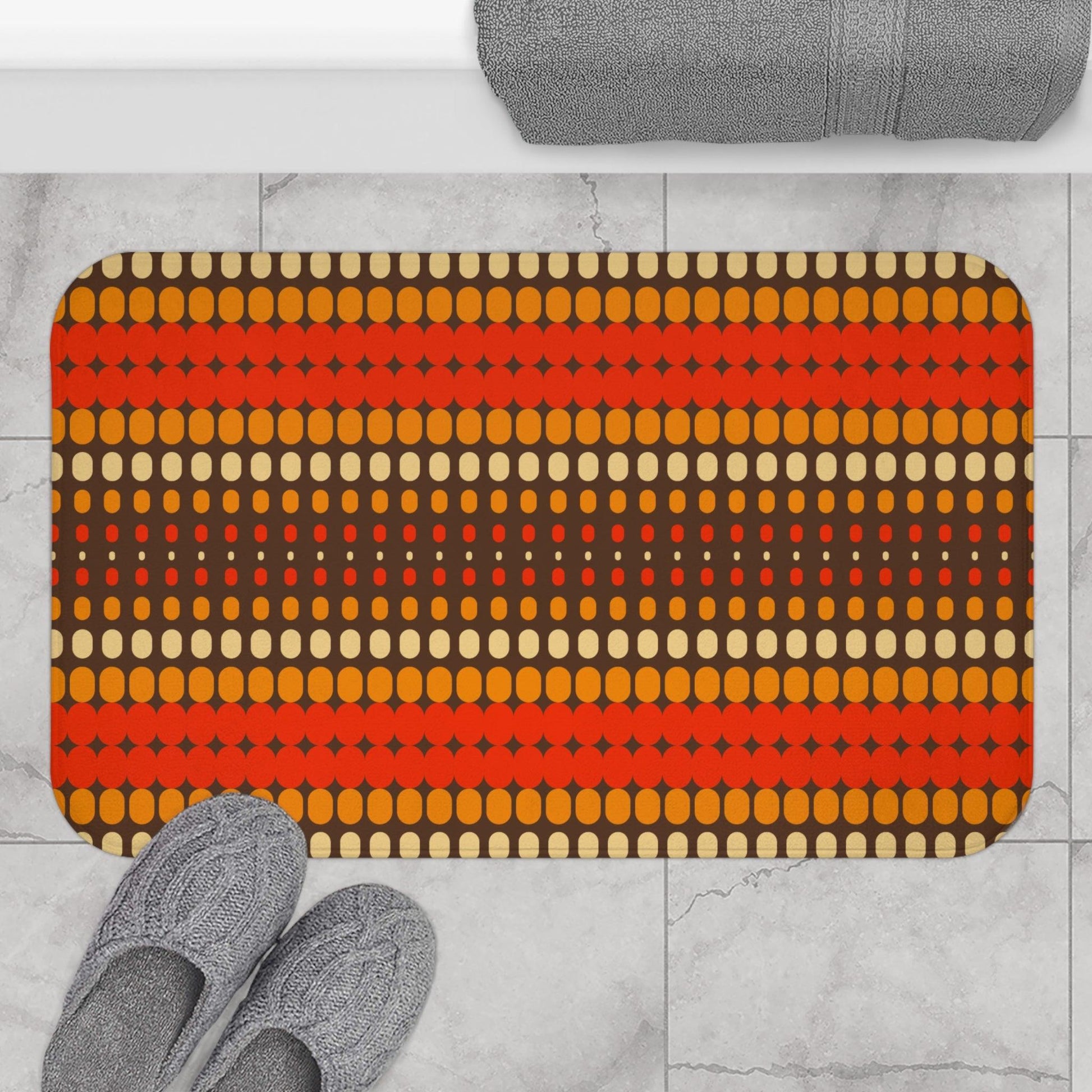 Retro 70s Funky Mid Century Modern Orange and Brown Bath Mat | lovevisionkarma.com