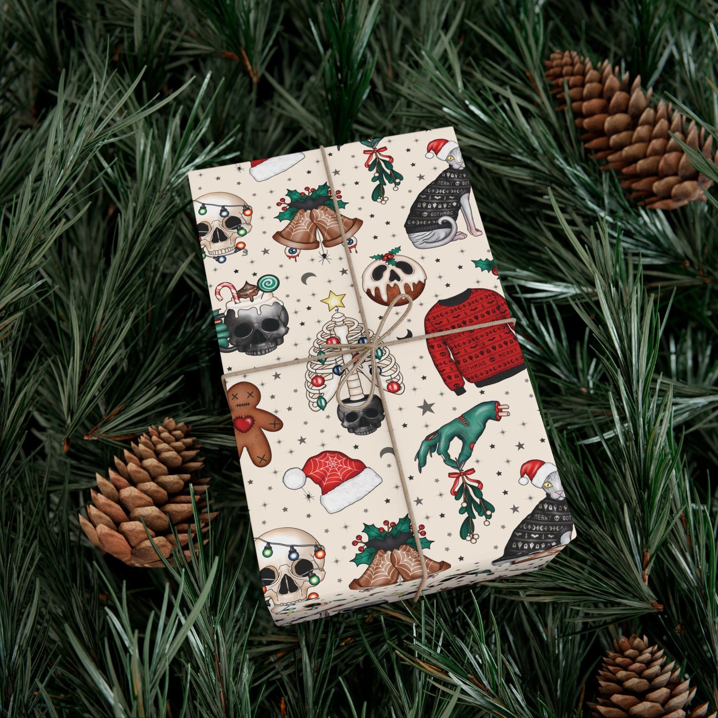 Goth Christmas Kitsch Skulls, Cats & Zombie Hands Multicolor Eco-Friendly Gift Wrap Paper