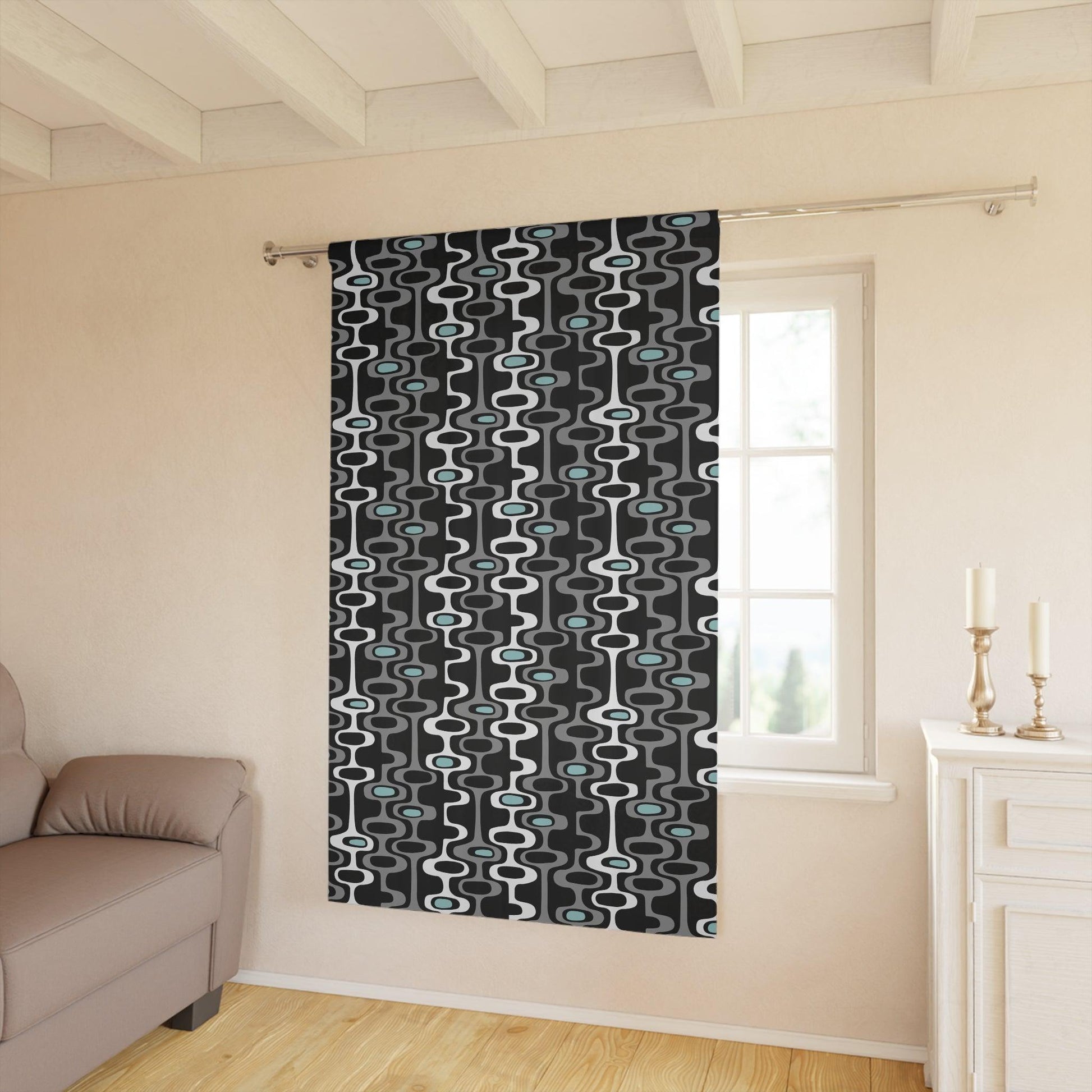 Retro Mid Century Mod Black, Gray & Blue Blackout Window Curtain | lovevisionkarma.com