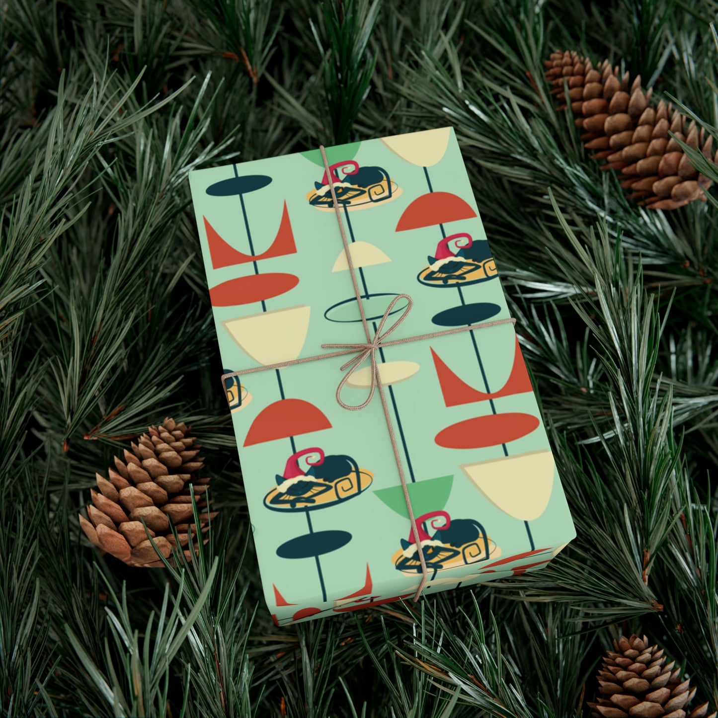 Retro 50's Atomic Cat Christmas Kitschy Mid Century Modern Green Eco-Friendly Wrapping Paper