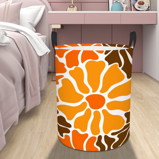 Retro 60s 70s Groovy Mod Minimalist Orange and Brown Flowers Mid Century Modern Round Laundry Hamper