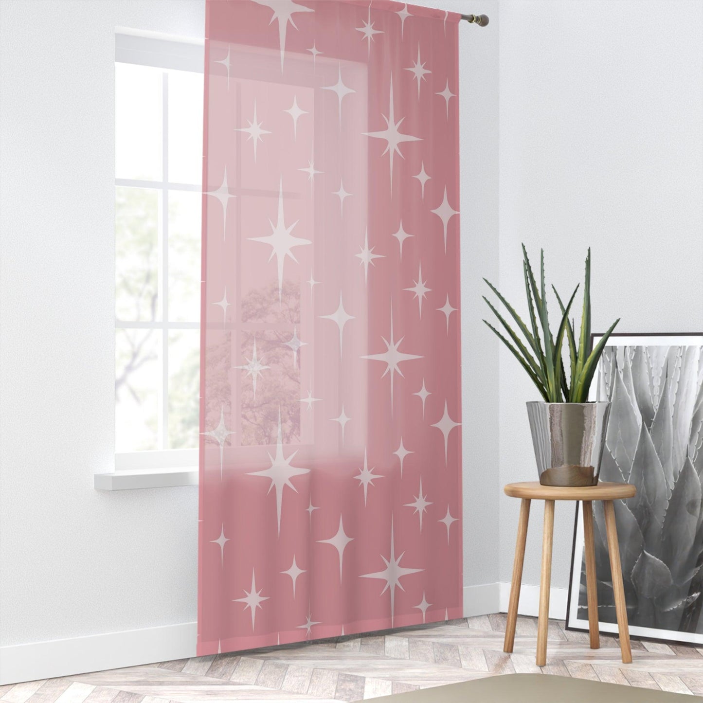 Retro 50s Atomic Starburst Pink Mid Century Modern Sheer Window Curtain | lovevisionkarma.com