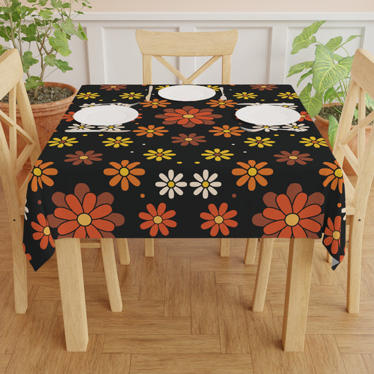 Retro 60s 70s Groovy Mod Daisy Floral Mid Century Black, Brown & Orange Tablecloth
