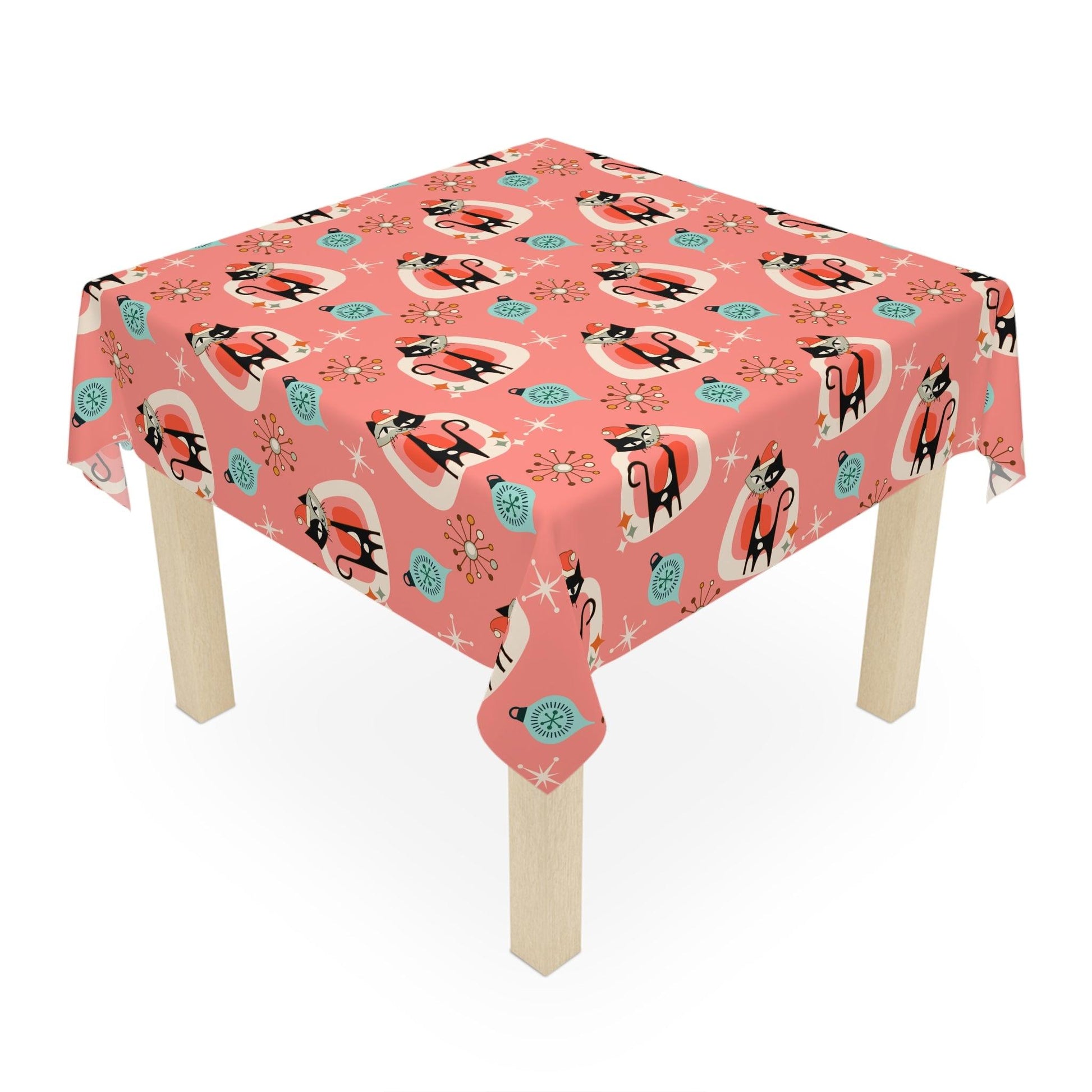 Retro 1950s Christmas Atomic Cat Mid Century Mod Coral Pink Holiday Tablecloth | lovevisionkarma.com