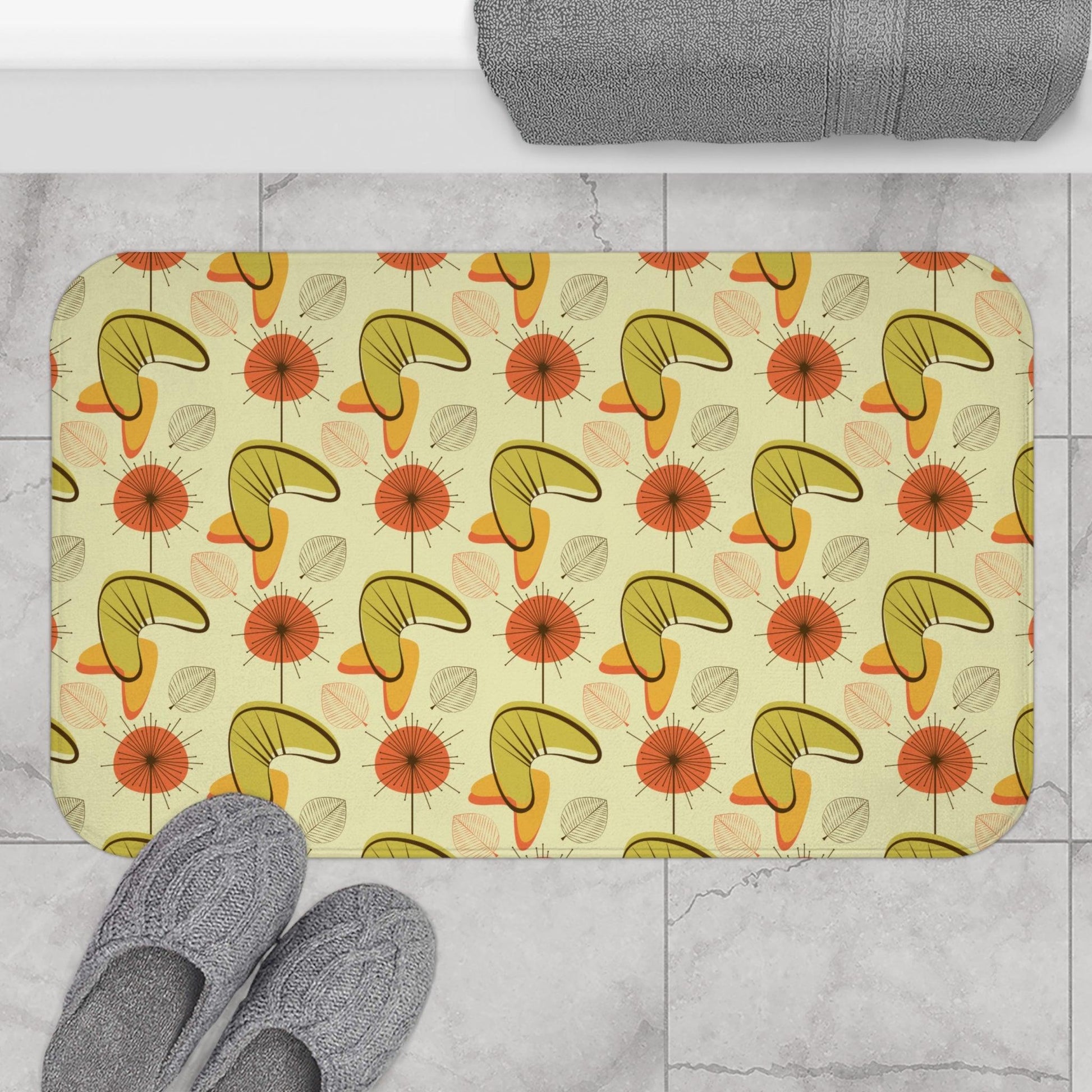 Retro Atomic Boomerangs & Leaves MCM Orange, Green & Yellow Bath Mat | lovevisionkarma.com