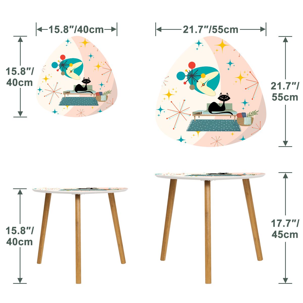 Retro 50's Lounging Atomic Black Cat & Starbursts Mid Century Mod Multicolor Nesting Accent Tables
