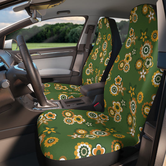 Retro 60s 70s Groovy Flowers Mid Century Mod Mustard & Green Car Seat Covers
