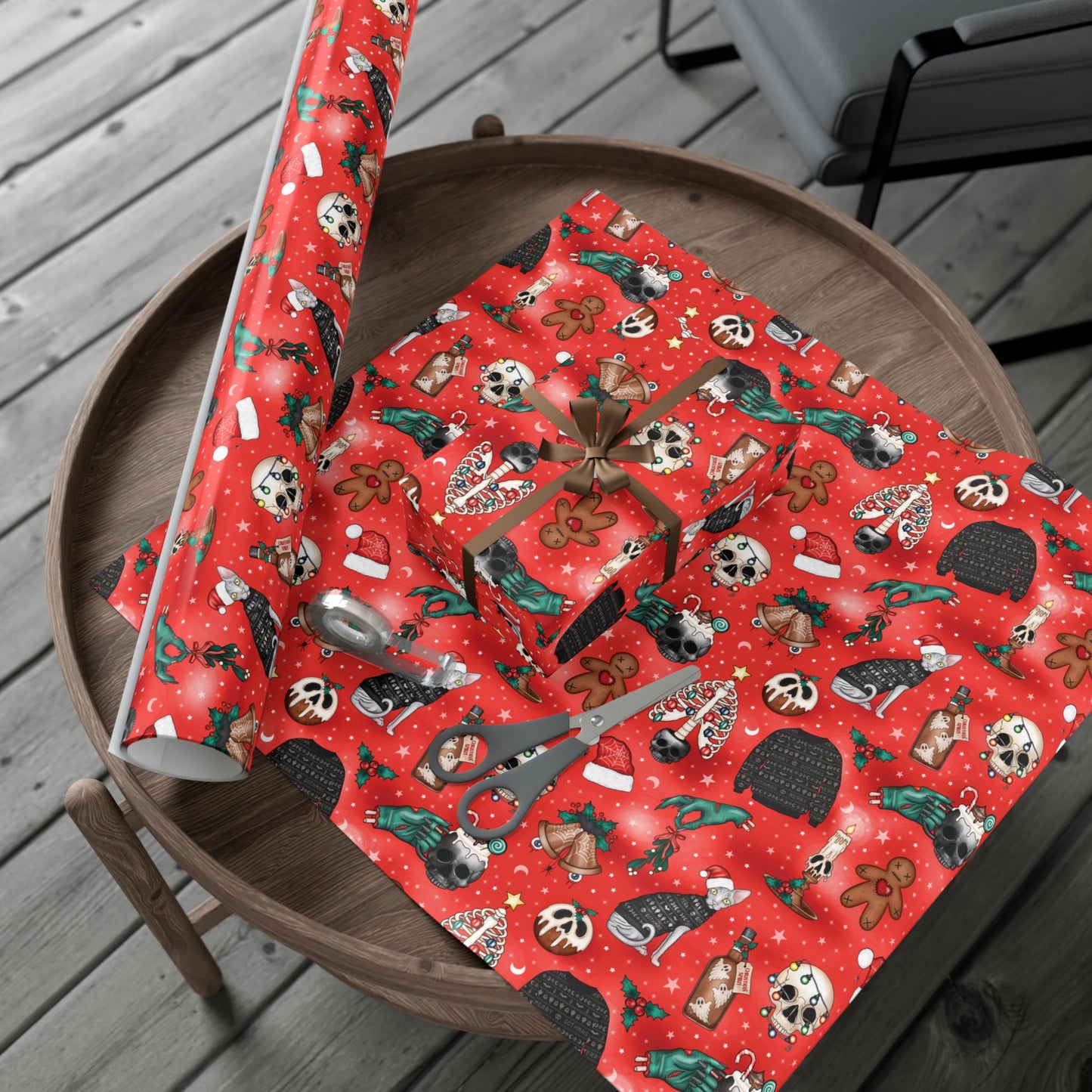 Goth Christmas Kitsch Skulls, Cats & Zombie Hands Red Eco-Friendly Gift Wrap Paper