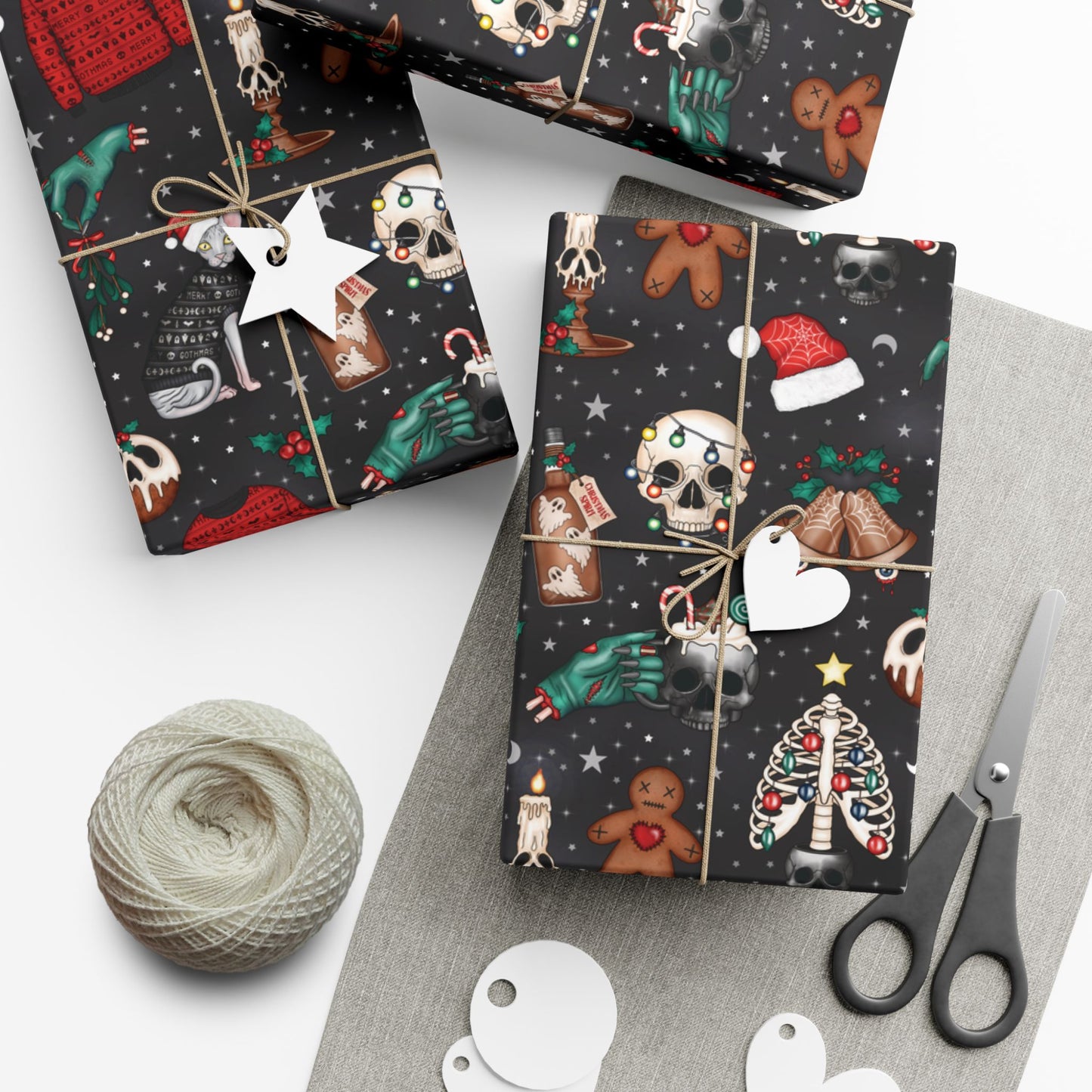 Kitschy Kawaii Goth Christmas, Creepy Cute Whimsigoth Creepmas Black Eco-Friendly Gift Wrap Paper