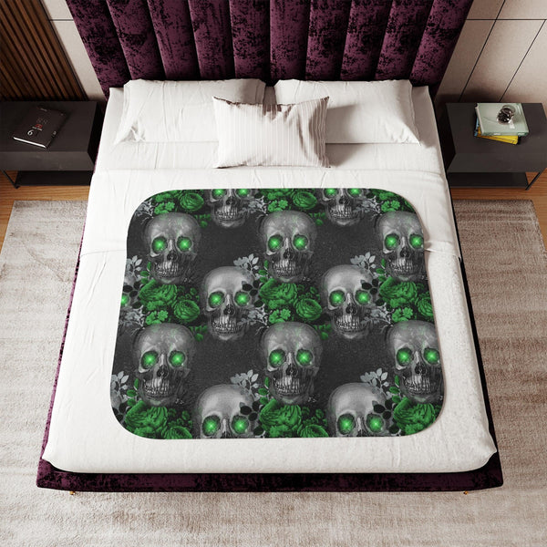 Gothic Floral Skulls with Green Eyes Glam Goth Sherpa Blanket | lovevisionkarma.com