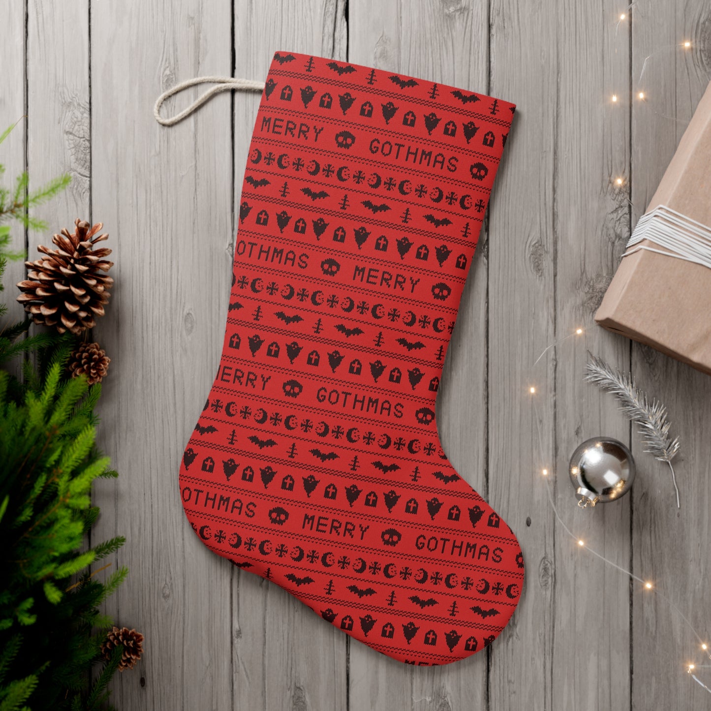 Goth Christmas Ugly Sweater Inspired, Gothmas Kitschy Creepmas Red Holiday Stocking