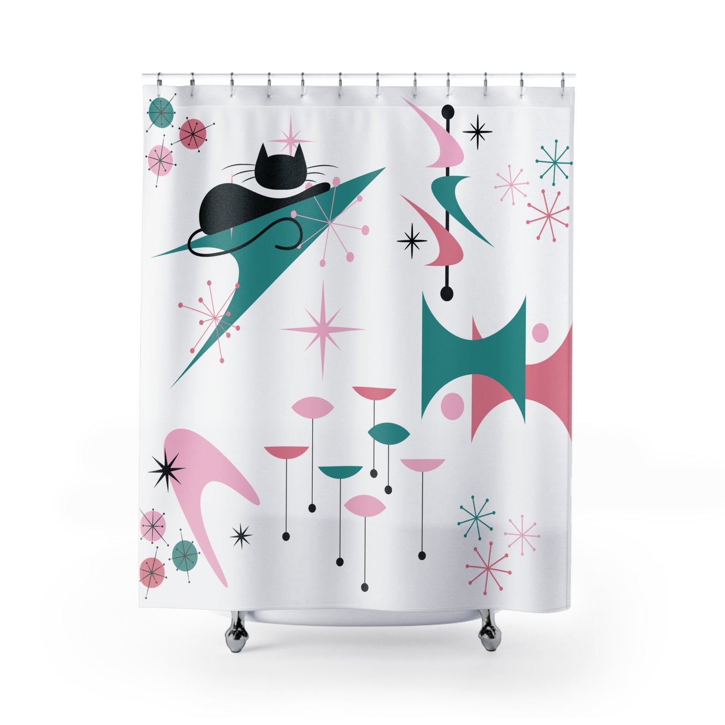 Retro 50s Atomic Black Cat, Boomerang & Starburst MCM Pink, Teal-Green & White Shower Curtain