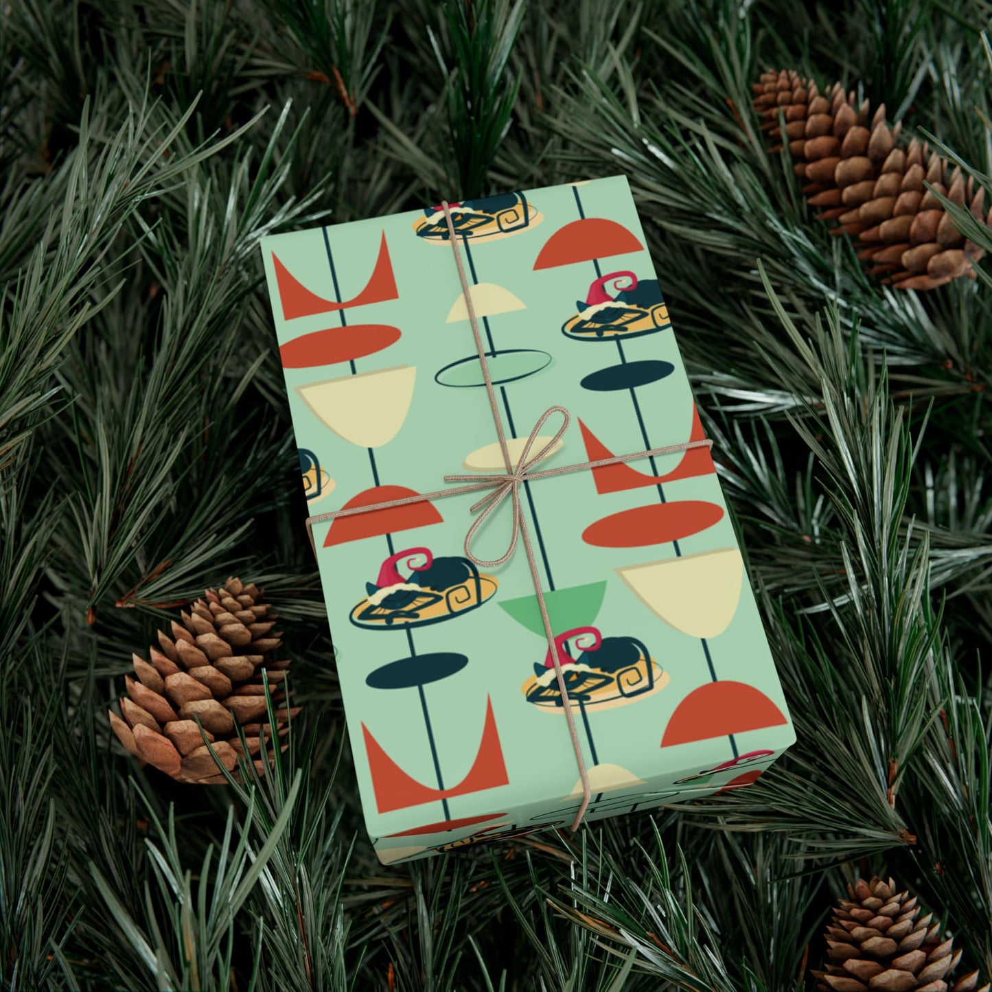 Retro 50's Atomic Cat Christmas Kitschy Mid Century Modern Green Eco-Friendly Wrapping Paper