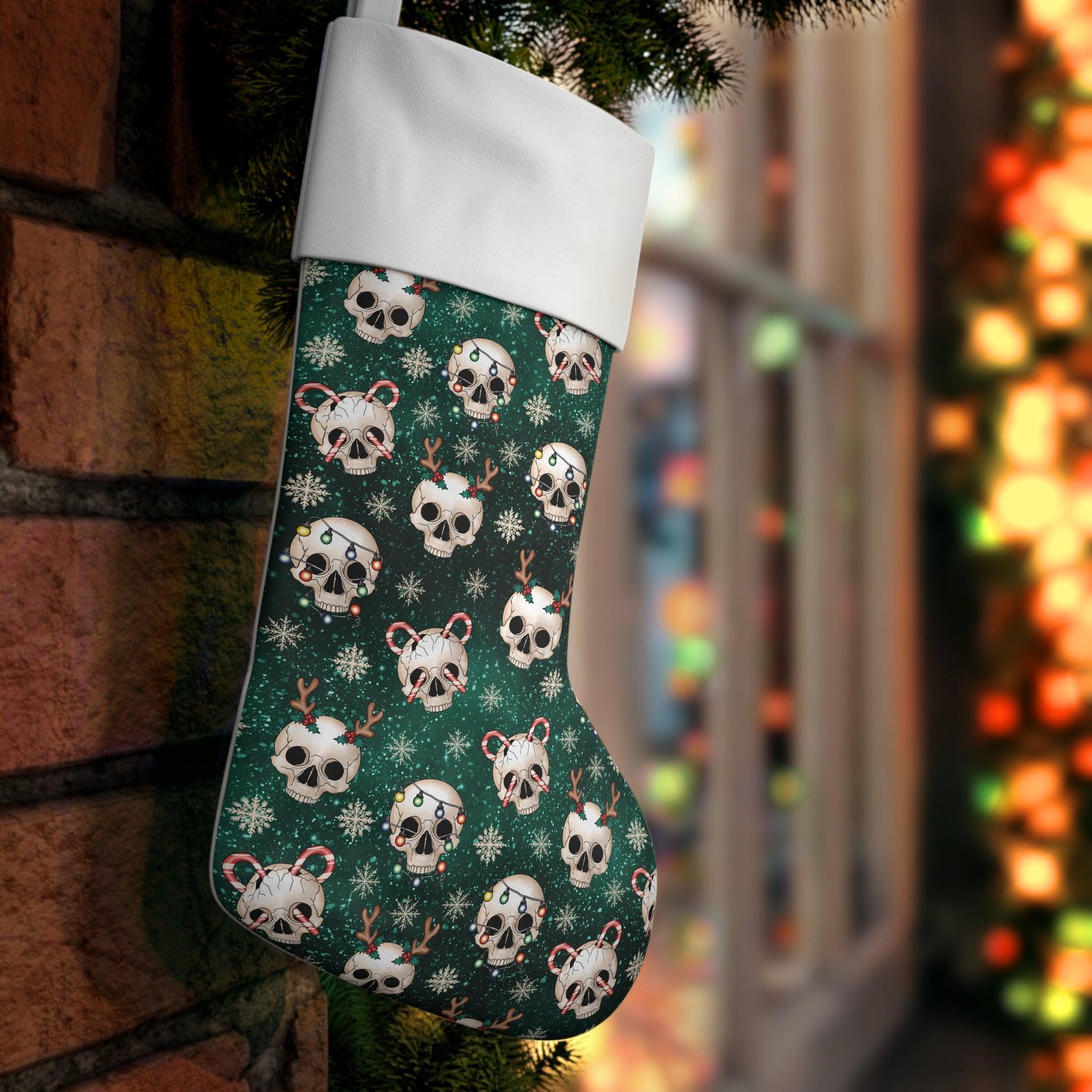 Goth Christmas Festive Skulls Green Creepmas Holiday Stocking | lovevisionkarma.com