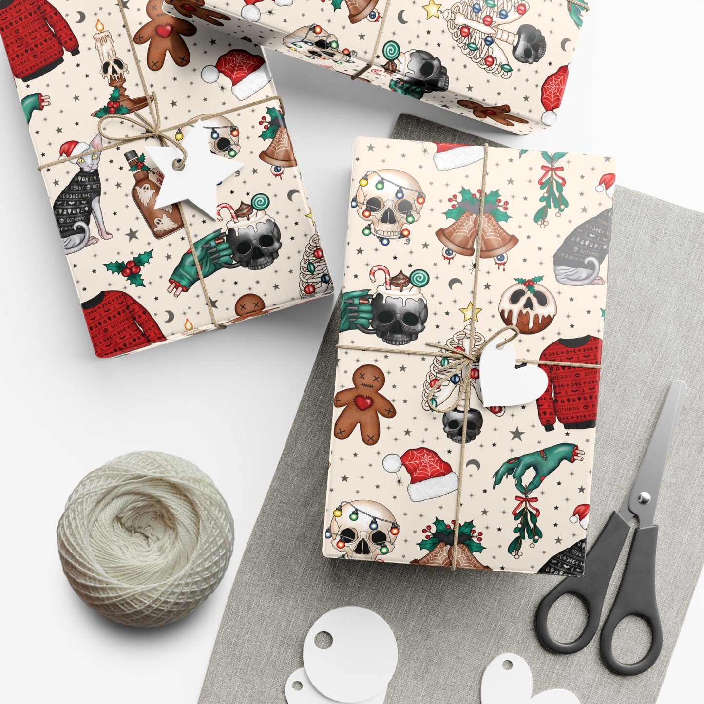 Goth Christmas Kitsch Skulls, Cats & Zombie Hands Multicolor Eco-Friendly Gift Wrap Paper