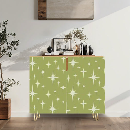 Retro 50s Atomic Starburst Mid Century Modern Chartreuse Green Sideboard, Credenza, Wooden Storage Cabinet