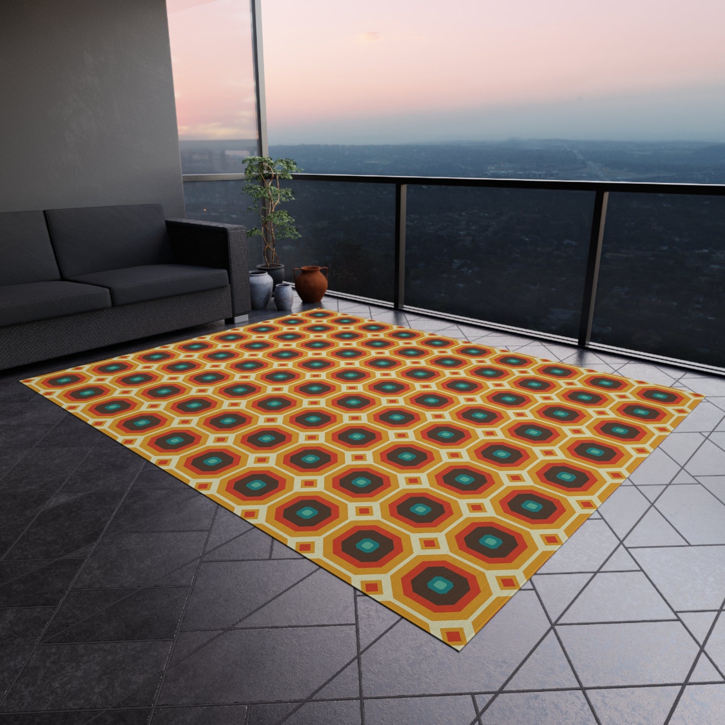 Retro 60s 70s Funky Mod Square Mid Century Geo Brown & Orange Anti-Slip Indoor/Outdoor Accent Rug