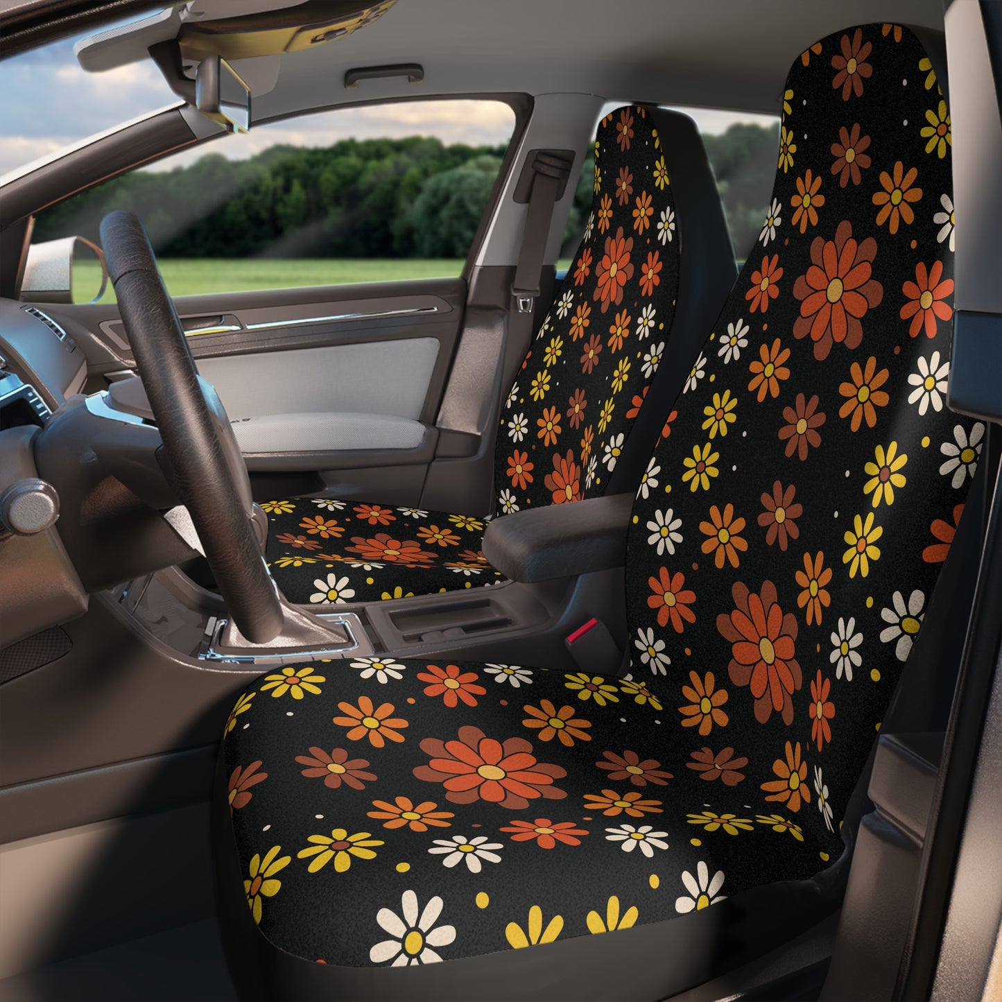 Retro 60s 70s Groovy Mod Daisy Floral Mid Century Black, Brown & Orange Car Seat Covers