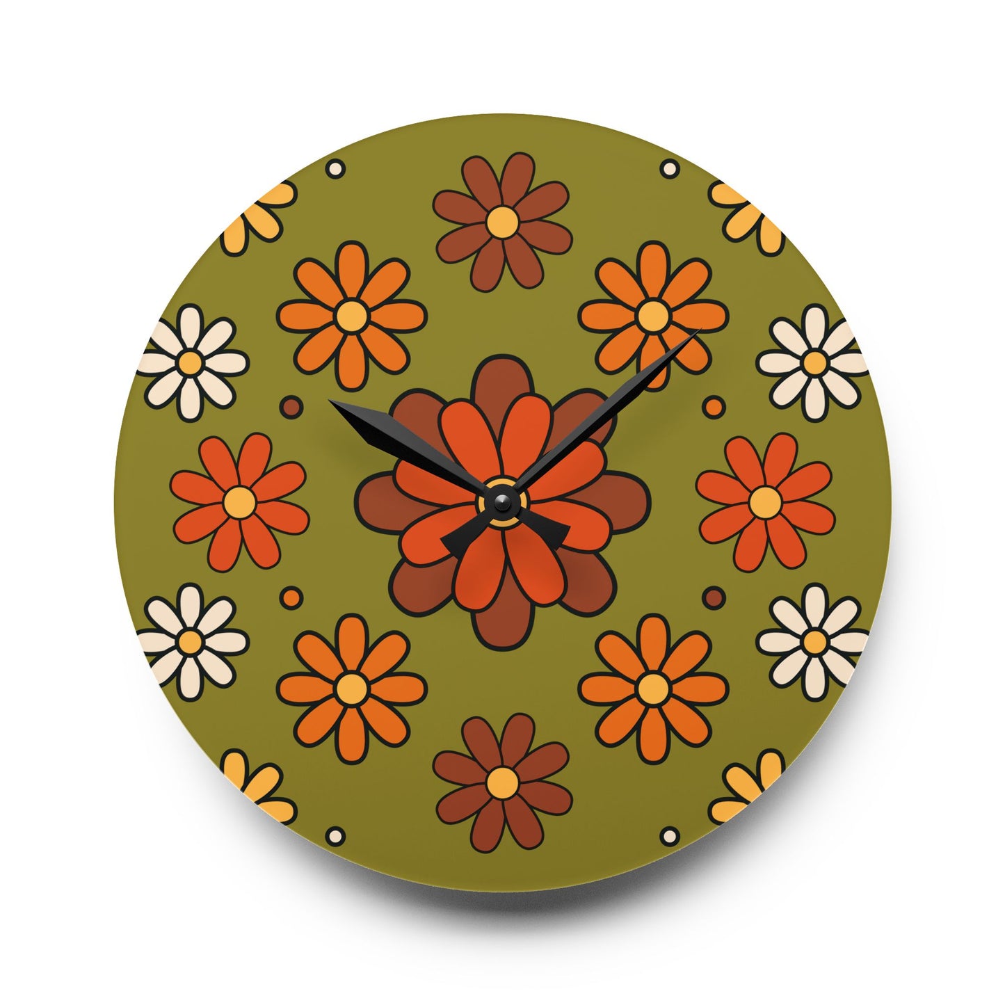 Retro 60s 70s Groovy Mod Daisy Floral Mid Century Green & Orange Acrylic Wall Clock