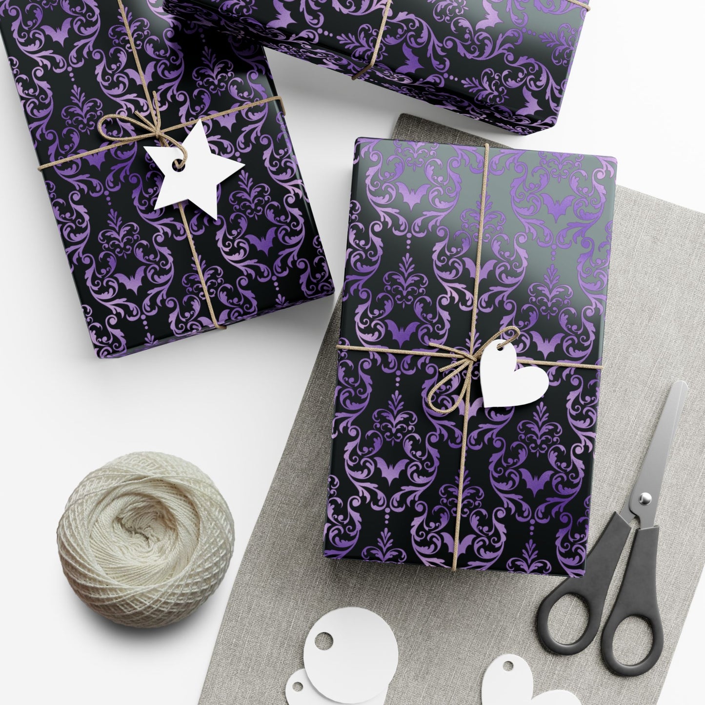 Purple Damask Bats, Victorian Goth Inspired, Dark Academia Goth Christmas & Creepmas Glam Goth Black Gift Wrap Paper